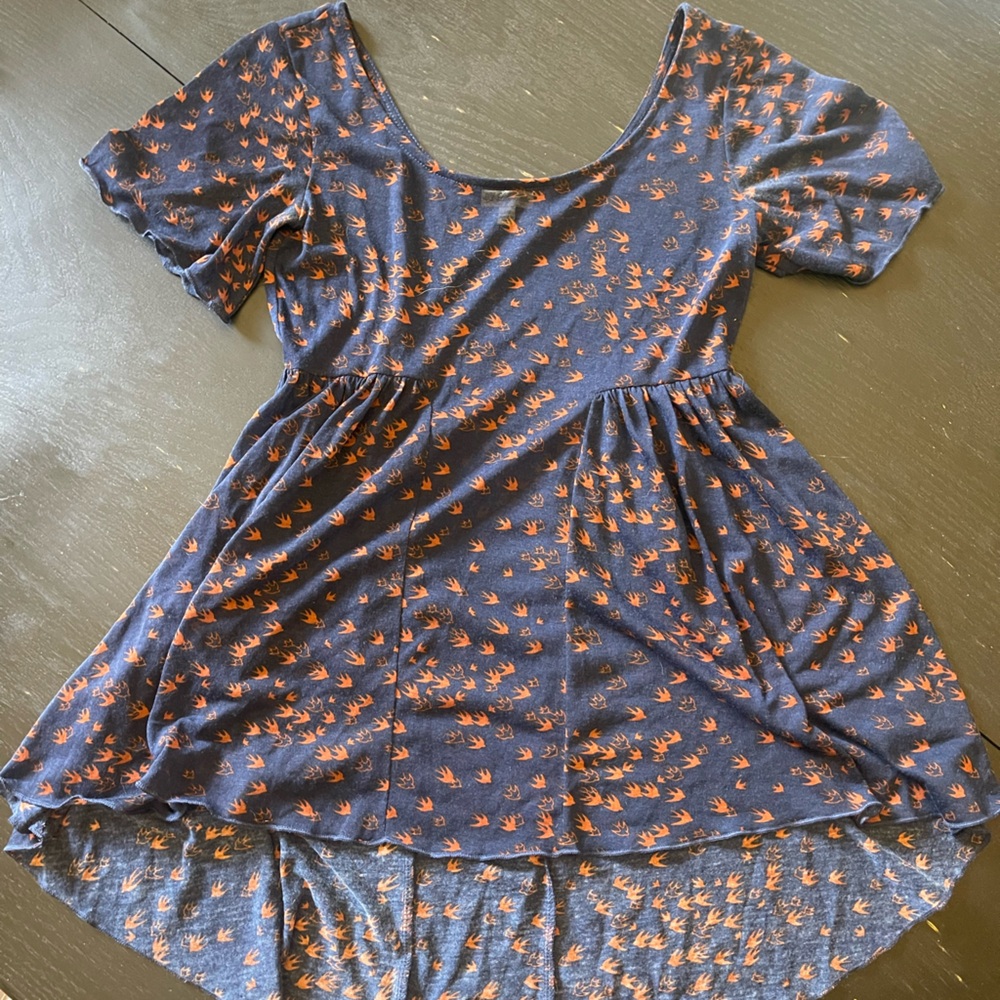 Blue Sheer Blouse with Orange Bird Pattern